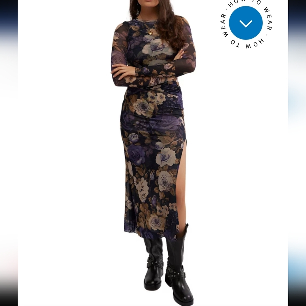 Free People Floral Long Sleeve Mesh Maxi Dress in Black and Purple